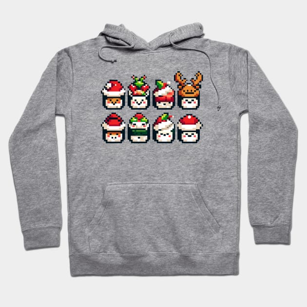 Festive 8-Bit Christmas Sushi Rolls Hoodie by Pixel Punkster